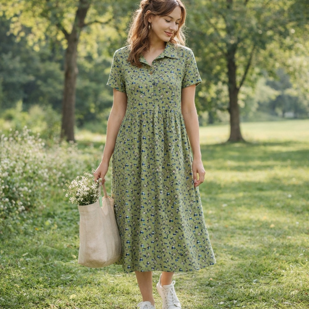 Bobbie Brooks Green Floral Button Front Midi Dress – Size M (8/10)